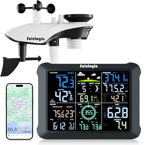 Sainlogic Station Météo Connectée Intelligente SA9 avec Prévision de 24/7 par Weatherseed® AI, Grand Écran de 8,5', UV, Pluviomètre, Anémomètre, Stockage de Données de 2 Ans (Uniquement 2,4 GHz)
