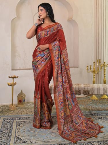 Image of SIRIL Women's Printed Silk Saree with Zari Border & Tassels