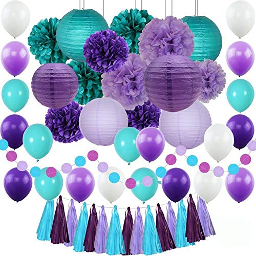 Mermaid Party Decorations Supplies Paper Pom Poms Lanterns Purple Balloons for Birthday Party,Festival,Baby Shower,Bridal Shower