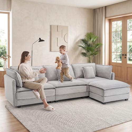 Image of Corduroy Sectional Couch, 3 Seater 113 inch L Shaped Cloud Couch with Ottoman, Modular Deep Seat Sofa with Pillows for Living Room, Apartment, Lightgrey