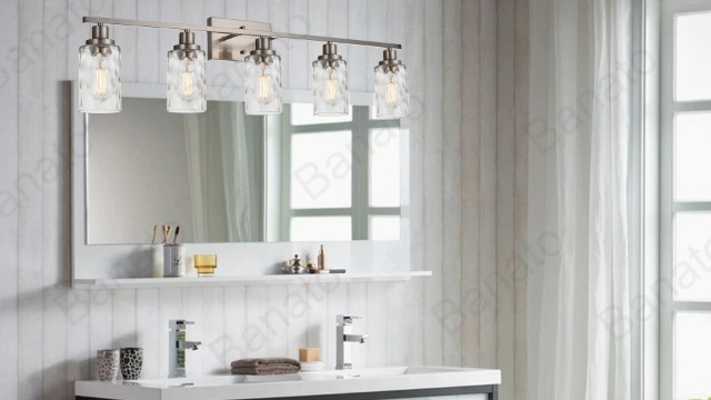 Image of 2-Light Bathroom Vanity Light Fixtures,Brushed Nickel Bathroom Lighting Fixtures,Modern Wall Sconces with Hammered Glass Shade, Wall Lights for Living Room Porch Hallway Bedroom