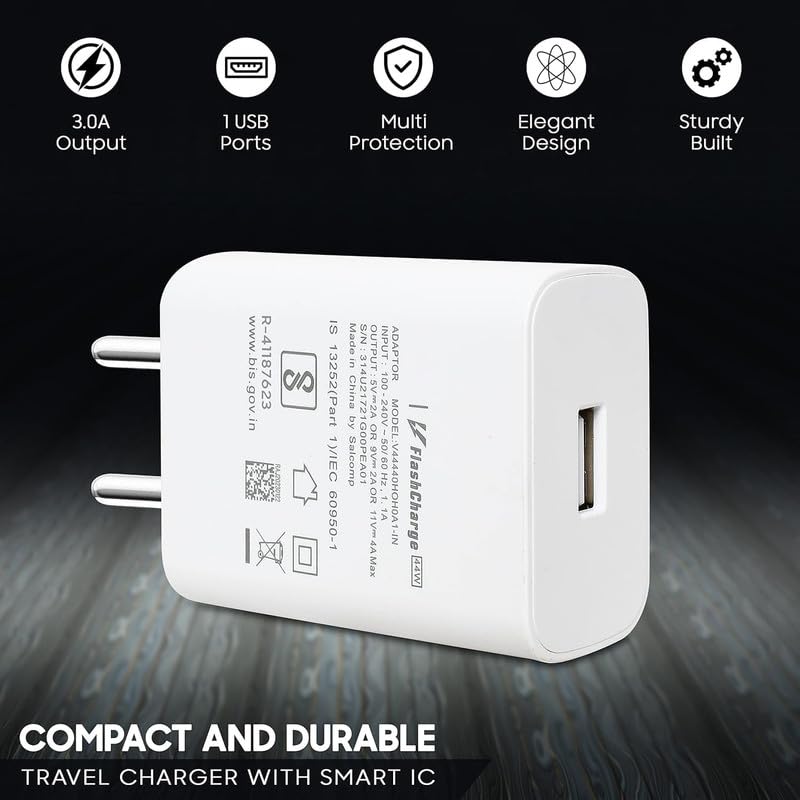 Image of Vivo 44W Flash Charge Fast Charger Adapter with Type-C Cable | Rapid Charging Compatible for Vivo V Series, T Series, iQOO, Y Series | USB Type-A to Type-C | Travel-Friendly, Smart Safety Protection