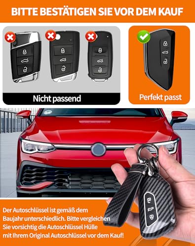 Autoschlüssel Hülle kompatibel mit VW Golf 8, Auto Schlüsselhülle 3-Tasten Auto Schlüssel Cover für VW ID3 ID4 E-Golf ab 12/2019 GTI GTE Clubsport, Schlüssel Hülle für Seat Leon MK 4 +Schlüsselanhänge