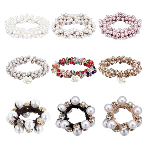 9 Piezas Gomas Para El Cabello De Perlas De Cristal, Gomas Para El Cabello Para Cabello De Mujer, Decoración De Cuerda Elástica Para El Cabello, Gomas Para El Cabello De Cola De Caballo De Moda