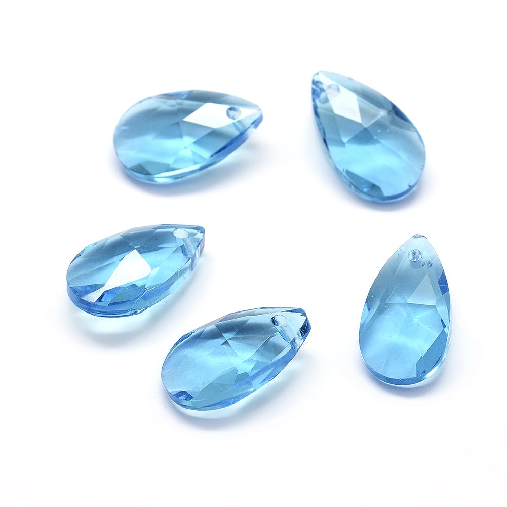 Stiesy 100Pcs Sky Blue Teardrop Faceted Glass Charms Pendants Light Blue Water Droplets Glass Charm Transparent Top Drilled Crystal Beads Bulk for Jewellery Bracelet Crafts Necklace Earrings Making