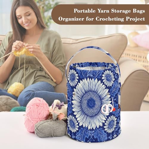 Image of Tatenale Crochet Bag Yarn Bag Knitting Project Bag with Pockets and Handle Portable Yarn Storage Organizer Tangle Free 8.3x11 InchBlue and White Sunflowers Leaves10