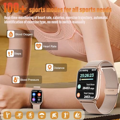 Smartwatch voor dames, 1,83 inch touchscreen, fitnesshorloge, met telefoonfunctie, Smart Watch, fitness, SpO2, bloeddrukmeting, slaapmonitor, hartslagmeter, stappenteller, 120+ sportmodi (rose gold) - Afbeelding 4