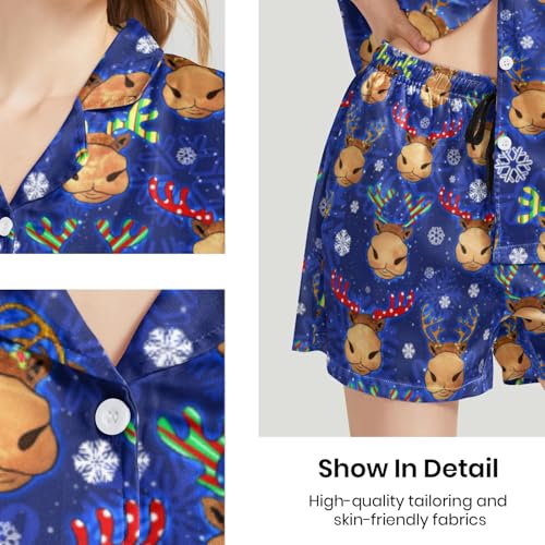 Image of Funny Pajamas for Women Set Print Satin Loungewear Pjs Short Sleeve Button Down Top and Shorts Sets Sleepwear XS-3XL