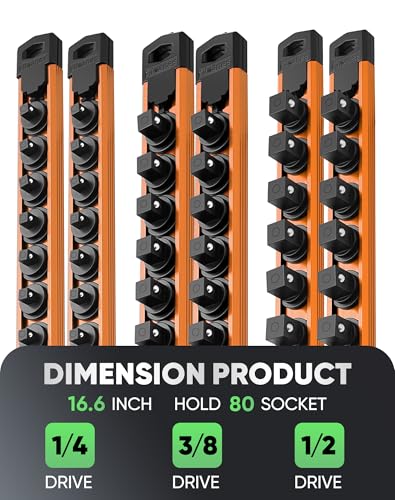 Image of ALOANES Magnetic Socket Organizer Set, 6PC Heavy Duty Aluminum Socket Holder Organizer, 360 Swivel Clips Socket Holder Kit for Toolbox Drawer Fit 1 /2, 3 /8, 1 /4-Inch x 80 Clips (Orange, 6PC)