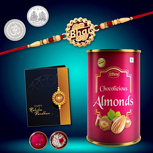 Image of DeoDap Multicolor Bhai Coded Rakhi Bracelet Roli with Chocolate Almonds 96gm, Silver Pooja Coin, Tilak Set, Greeting Card - Rakhi Gift for Brother