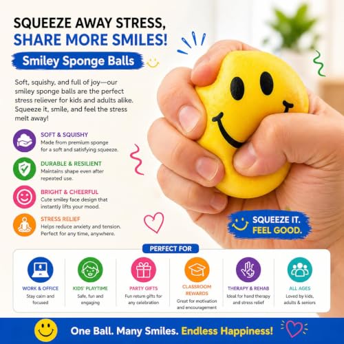Image of Stress Relief Ball with Smiley Face, Yellow Soft Squeeze Ball for Anxiety Relief, Hand Strength Exercise, Therapy, Relaxation, Office and Home Use