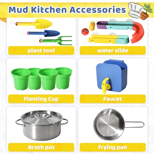 Wooden Outdoor Mud Kitchen for Kids, Pretend Play Kitchen Playset with Removable Sink, Faucet, Stove Top, Planting Area & Cooking Accessories, Toddler Gift for Boys Girls Ages 3+ (Blue) - image 5