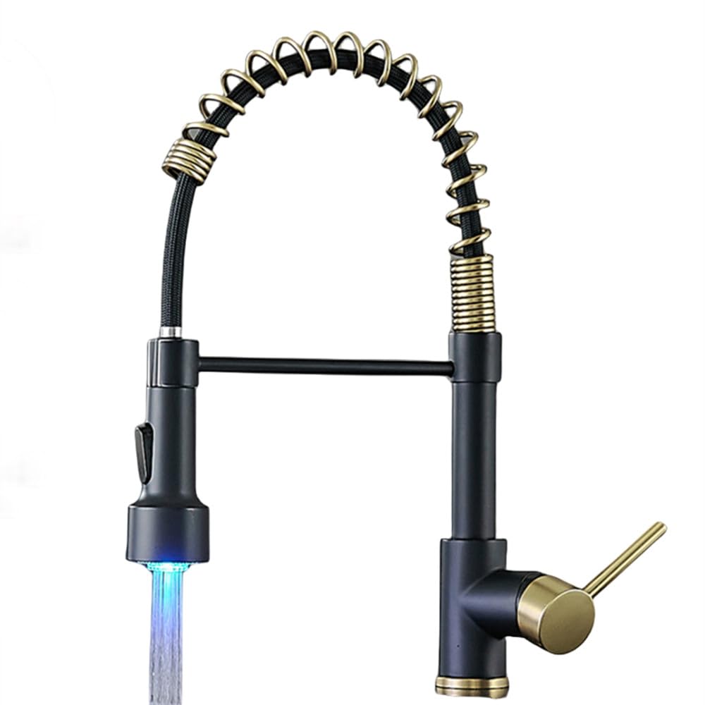 Robinet de cuisine extractible mitigeur noir et or G1/2 pour évier