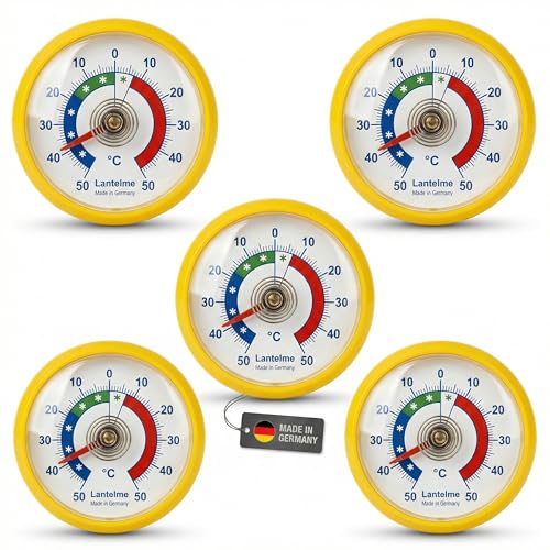 Lantelme 5 Stück Kühlschrankthermometer Set selbstklebend Thermometer auch für Gefrierschrank Eisfach Kühltheke Kühlzelle Kühlfach Kühlschrank zum ankleben Bimetall und Analog (Gelb)