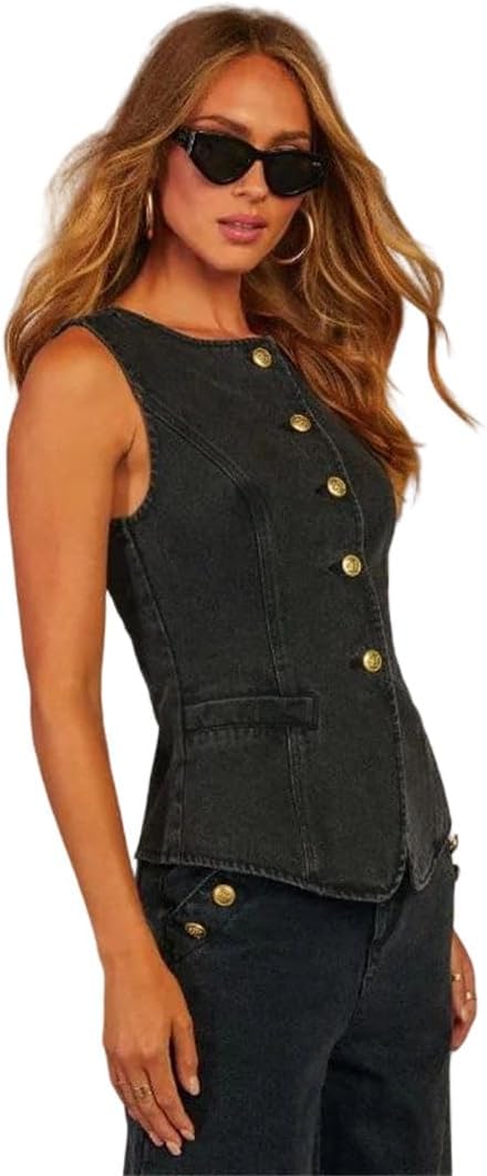 Women's Denim Waistcoat Two Piece Set Sleeveless Vest Wide Leg Pants Elegant Outfit