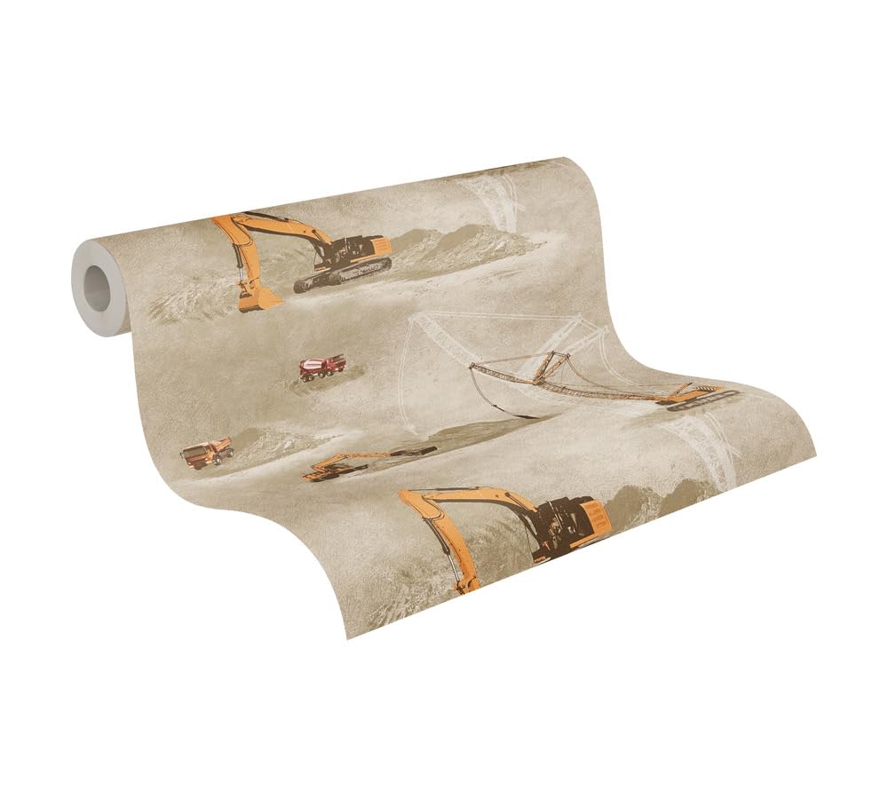 A.S. Création Children's Wallpaper for Boys - Digger Wallpaper Beige Yellow Playroom - 10.05 m x 0.53 m - Made in Germany