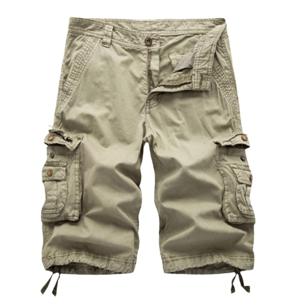 Short cargo d'été décontracté pour homme - Plusieurs poches - Coton uni - Longueur genou, kaki, 44