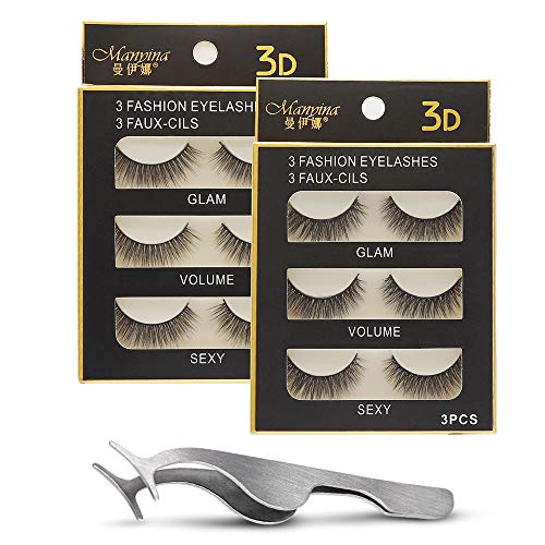 6 Pairs Fluffy Eyelashes Reusable 3D Handmade Fake Lashes Cruelty-Free False Lashes for Natural Look with EyeLash Tweezers - 2 Styles