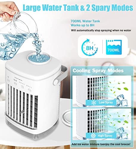 Portable Air Cooler, SogYupk 5 in 1 Mini Air Conditioners Personal Mobile Evaporative Cooler USB Desk Cooler Fan with 4 Wind Speeds, 2 Cooling Mist, 2-8 H Timer, 7 Night Lights for Home Office
