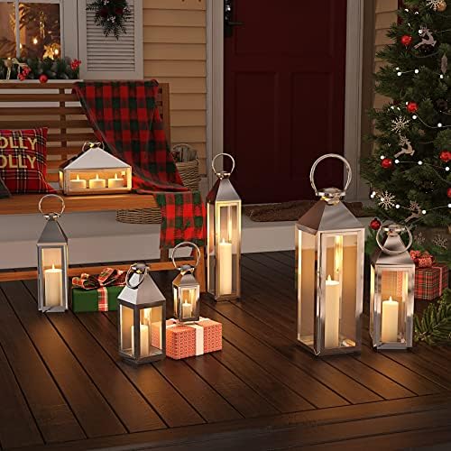 INMOZATA Stainless Steel Candle Lantern Glass Silver Tealight Holder Lantern Garden Lantern Wedding Indoor Outdoor Decor (18x19x53cm)