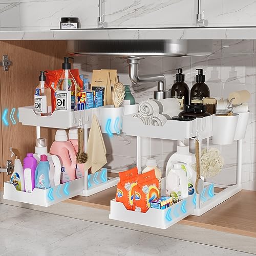 Yexati 2 Paquete Organizador Bajo Fregadero Deslizable 2 Niveles, Extraíble Estante Organizador Cocina con 8 Ganchos 4 Cesta Colgante, Almacenaje Debajo Fregadero para Cocina, Baño, Dormitorio, Blanco