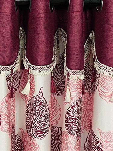 Image of Cortina Durable & Stylish Premium Leaf Print 100% Polyester Curtains - with Metal Grommets - Easy Fit Over Window - Bedroom Living Room Kids Room Hall Kitchen - 7 Feet Set of 1 - Maroon 2