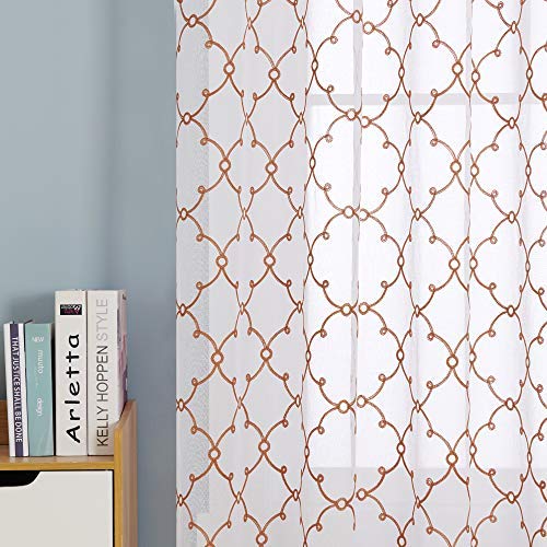 Deconovo Set of 2 Orange Embroidered Net Curtains with Eyelets, Linen Effect Design, Outdoor Curtains 140 x 240 cm โ image 1