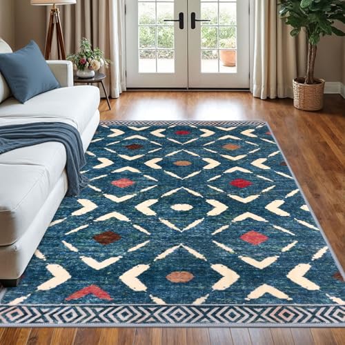 KILOCOCO Living Room Rug 5x7 Area Rug Printed Boho Washable Bedroom Rugs Non Slip Soft Large Moroccan Rubber Backed Indoor Rugs for Dining Room Office Farmhouse Geometric Carpet, Teal/Blue