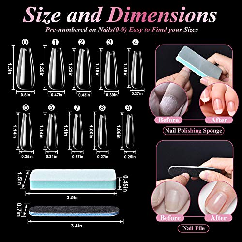 Clear Nail Tips False Nails, 500Pcs Long Full Cover Coffin Fake Nails Tip, Ballerina Artificial False Nails with Box-Nail Glue/Nail Files/Sponge Polishing/Nail Clipper/Nails Rhinestones for Nail Art