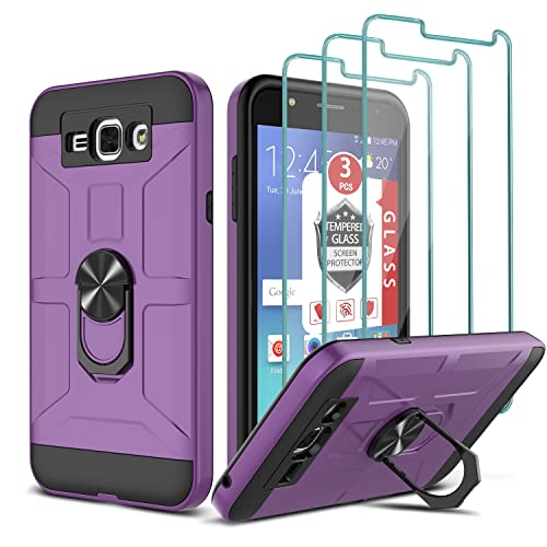 Case for Gaalxy J7 2015/Neo/J7 Core/J7 Duos/Nxt, Galaxy J7 2015 Case with [3X Tempered Glass Screen Protector], Built-in Ring Kickstand and Magnetic Car Mount Shockproof Dropproof Armor Cover- Purple
