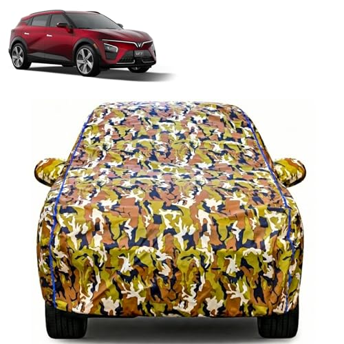 Image of Waterproof Car Body Cover for Vinfast VF 7 with Mirror Pocket| Cotton Inner Lining | Triple Stitched | All Weather Protection | Dust, UV & Rain Proof (Camouflage with Blue Piping)