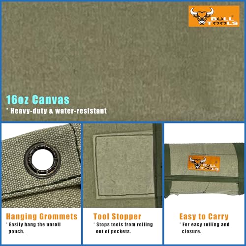 Image of Bull Tools Wrench & Tool Roll 22+4 pocket 100% Dyed 15 Oz. Cotton Duck Canvas (1 Piece, Sand washed Olive Drab) | Roll Up Wrench Bag, Combination Wrench Storage, Portable Tool Roll, Mechanic Gift, Garage Workshop Storage, Heavy Duty Canvas