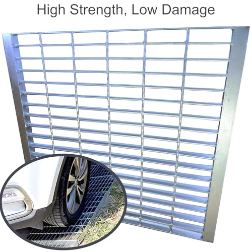 Image of Galvanized Steel Drain Grate with Lip 24x24 in, B-Class 28100 lbs Heavy-Duty Driveway Channel Cover w /Base, Outdoor Trench Drainage Grate, Silver Square Metal Sewer Cover for Garage