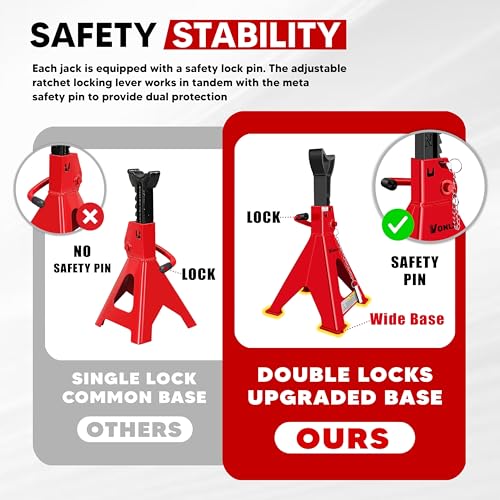VONLX Car Jack Stands 6 Ton Adjustable Auto Floor Jackstands with Double Locking and Large Foot Base for Lifting SUVS, Heavy Duty Carbon Steel 13,200 lb Capacity 2 Pack by VONLX - Image 5