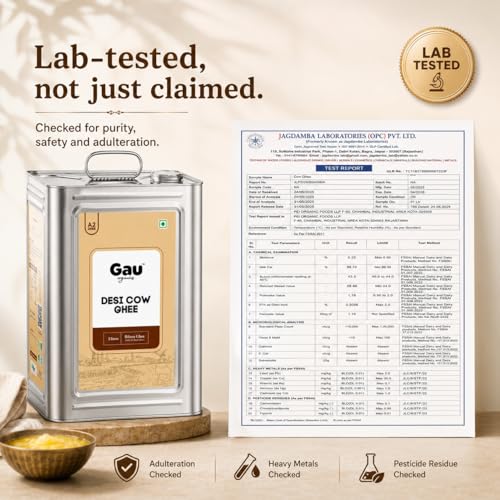 Image of Gau Organics Cow Ghee, Pure and Natural, Hand Made Curd Churned Desi Ghee, Gluten Free, Lactose- Free Cow Ghee, No Preservatives and Chemical-Free Organic Ghee Helps to Boost Immunity (5L)
