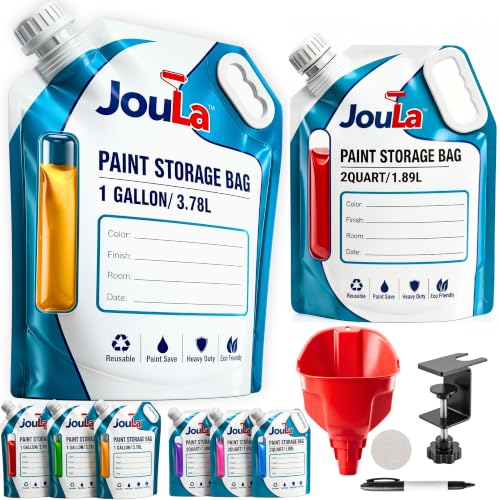 JouLa Paint Storage Bags 8 Pack, Reusable Paint Saver Bags, 4 x 1 Gallon & 4 x 2 Quart, Leak-Resistant with Funnel, Filter, Clamp Holder & Marker Pen