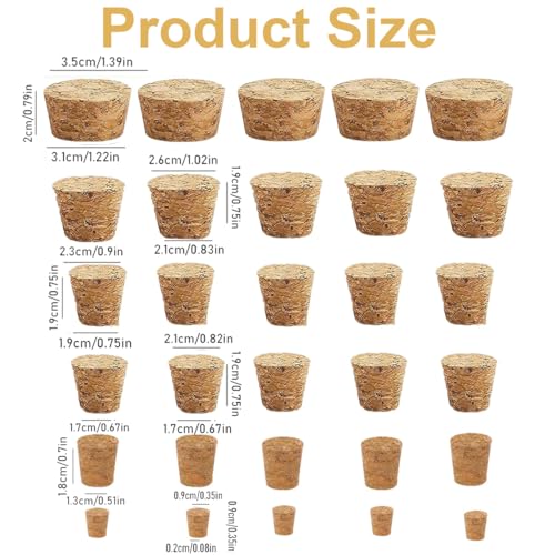 Natürliche Weichholzkorken,30 Stück Korken Flaschenkorken,6 Größen Korkstopfen Konisch,Weicher Weinkorkenverschluss Korkstopfen Kegelförmiger für Glasflasche Weinflaschen DIY Handwerk Basteln