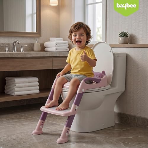 Image of Baybee Aura Pro Baby Ladder Potty Training Seat for Kids | Foldable Baby Western Toilet Seat with Adjustable Height, Grip Handle & Backrest | Potty Training Seat Chair for Kids 1 to 8 Years (Pink)