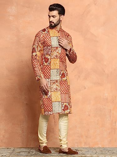 Image of KISAH Men's Navy Blue Printed Cotton Kurta - Regular Fit Long Tunic with Mandarin Collar | Ethnic Wear for Weddings & Festive Occasions