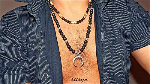 Men Necklace - Moon Necklace - Lava Beads - Men Neckless - Gift For Men - Long Necklace - Men Jewelry - Moon Pendant - Half Moon Pendant #TOP1