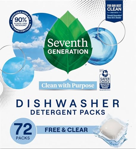 Seventh Generation Dishwasher Detergent Packs, Free & Clear, 72 Count, Pack of 1, Plant Powered Cleaning, Fights Greasy Reside & Stuck-On Food For Sparkling Dishes, Fragrance-Free & Septic Safe