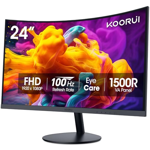 KOORUI 24 inch Curved Gaming Monitor, R1800 Full HD 1080P Computer Monitor, 60Hz Monitor, HDMI VGA, Tilt Adjustment, LCD Monitor, Eye Care, Black 24N5C