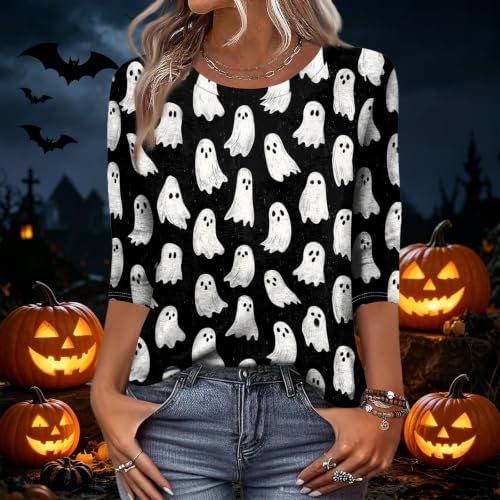 Image of Women Spooky Halloween Graphic Shirt 3 /4 Length Sleeve Crewneck Top | Halloween Funny Printed Pumpkin Plus Size Tshirts 2026 Fall Outfits Skeleton Tee Going Out Tops