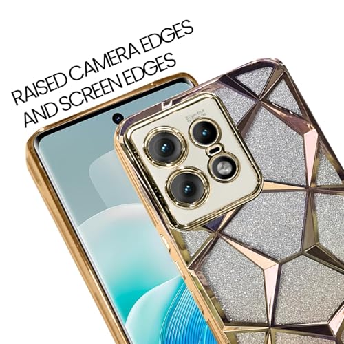 Image of VONZEE Gradient Glitter Case for Moto Edge 50 Pro, Luxury Electroplated 3D Cube, Diamond Bling Shiny Soft TPU Clear Shockproof Case Women Girls Protective Phone Cover (Gold)
