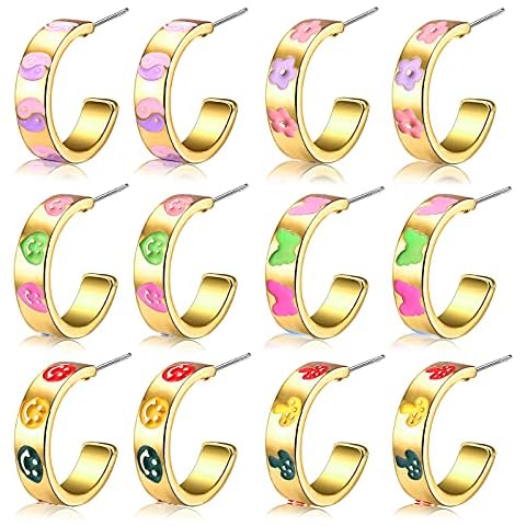 Smiley Face Y2K Earrings 14 K Gold Plated Small Huggie Hoop Earrings Cute Colorful Enamel Happy Face Butterfly Flower Heart Stud Earrings Jewelry for Women Girls, Metal, metal Cover