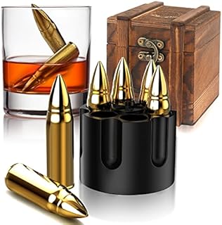 Chouggo Bullet Shaped Whiskey Stones Gift Set for Men with Vintage Wooden Case, Metal Stainless Steel Ice Cubes - 6 Pack, for Men - Birthday, Anniversary, Retirement