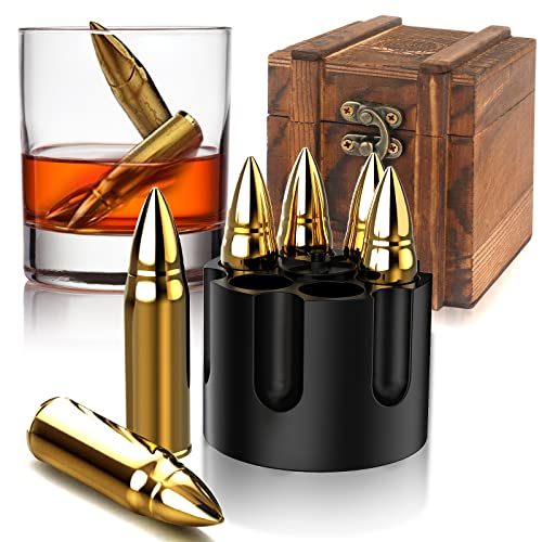 Bullet-shaped stainless steel whiskey chillers in a vintage wooden case — chills your drink without diluting it, with a rugged, militaria-meets-cocktail-hour aesthetic.
