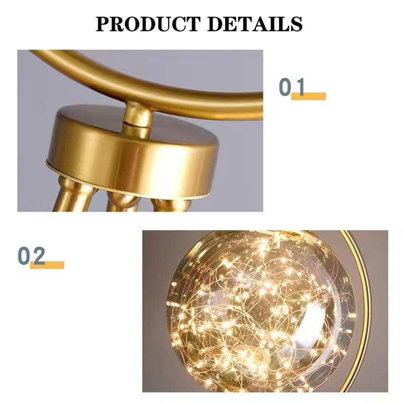 Image of blissbells Modern Tripod Floor Lamp with Glass Globe Shade, LED Fairy Lights, Gold Metal Stand, Storage Tray, 150 cm