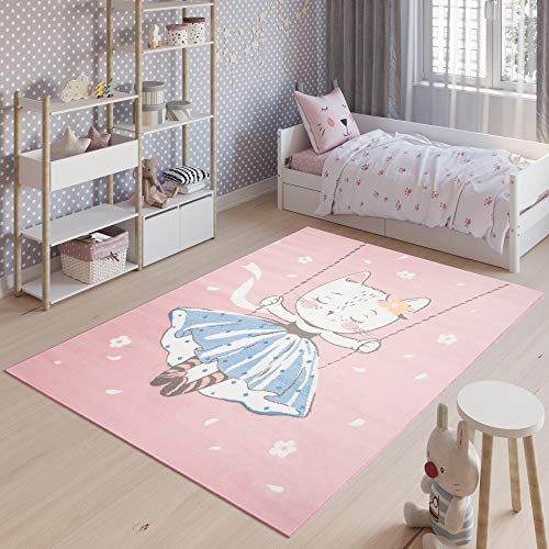 TAPISO Jolly Tappeto Bambini Cameretta Bimbi Gioco Colorato Gatto Animale Multicolore Rosa A Pelo Corto 80 x 150 cm