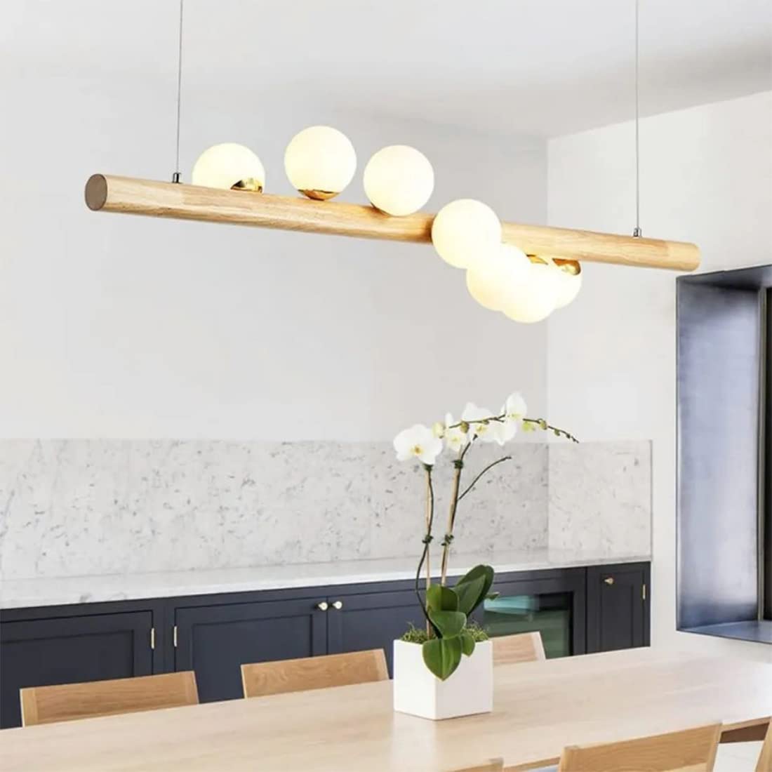 LED Chandelier Dining Room Lamp, White 120 cm Dining Table Light, Warm Light Rectangular Wooden Hanging Lamp, Modern Pendant Light Bulb for Kitchen Island Living Room Office Ceiling Light